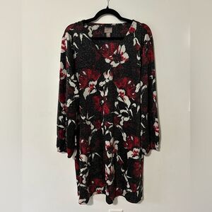 Chico's Glitter Floral Soft Knit Midi Dress Sz 3 US XL Puff Sleeves 3/4 Sleeves